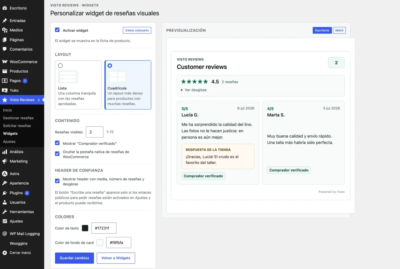 Captura real del workspace de widgets de Visto: editor con layout, contenido, header de confianza y colores a la izquierda, y vista previa en vivo del widget a la derecha